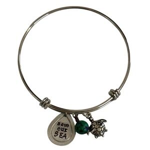 Handcrafted Save Our Sea Turtle Expandable Bangle Bracelet Hand Stamped Charm